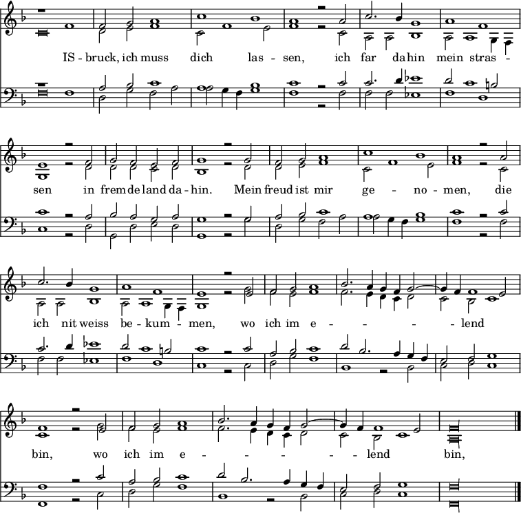 
<< << \ new Staff {\ clef diskant \ tid 4/2 \ key f \ major \ set Staff.midiInstrument = "flöjt" \ utelämna Staff.TimeSignature \ set Score.tempoHideNote = ## t \ override Score.BarNumber # 'transparent = ## t \ relativ c' << {r1 f1 |  f2 g a1 |  c bes |  a r2 a2 |  c2.  bes4 g1 |  af |  e r2 f2 |  gfef |  g1 r2 g2 |  fg a1 |  c bes |  a r2 a2 |  c2.  bes4 g1 |  af |  e r2 e2 |  fg a1 |  bes2.  a4 gf g2 ~ |  g4 f f1 e2 |  f1 r2 e2 |  fg a1 |  bes2.  a4 gf g2 ~ |  g4 f f1 e2 |  \ cadenzaOn \ åsidosätter Staff.NoteHead.style = #'barock f \ longa \ bar "|."  } \\ {\ åsidosätt Staff.NoteHead.style = #'barock c \ breve \ revert Staff.NoteHead.style |  d2 e f1 |  c2 f1 e2 |  f1 r2 c2 |  aa bes1 |  a2 a1 g4 f |  g1 r2 d'2 |  ddcd |  bes1 r2 d2 |  d2 e f1 |  c2 f1 e2 |  f1 r2 c2 |  aa bes1 |  a2 a1 g4 f |  g1 r2 g'2 |  fe f1 |  f2.  e4 dc d2 |  c bes c1 |  c1 r2 g'2 |  fe f1 |  f2.  e4 dc d2 |  c bes c1 |  \ override Staff.NoteHead.style = #'barock a \ longa} >>} \ new Lyrics \ lyricmode {"" 1 IS1 - bruck, 2 ich2 muss1 dich1 las - sen, 1.  ich2 far2.  da4 - hin1 mein stras - sen1.  in2 frem - de land da - hin.1.  Mein2 freud ist mir1 ge - no - men, 1.  die2 ich2.  nit4 weiss1 be - kum - män, 1.  wo2 ich im e1 - "" - "" - "" 2 - lend1.  bin, wo2 ich im e1 - "" - "" - "" 2 - lend1.  bin,} \ new Staff {\ clef bas \ key f \ major \ set Staff.midiInstrument = "flöjt" \ utelämna Staff.TimeSignature \ relativ c << {r1 f1 |  a2 bes c1 |  en bes |  c r2 c2 |  c2.  d4 es1 |  d2 c1 b2 |  c1 r2 a2 |  bes aga |  g1 r2 g2 |  a2 bes c1 |  en bes |  c r2 c2 |  c2.  d4 es1 |  d2 c1 b2 |  c1 r2 c2 |  a bes c1 |  d2 bes2.  a4 gf |  e2 f g1 |  f r2 c'2 |  a bes c1 |  d2 bes2.  a4 gf |  e2 f g1 |  \ override Staff.NoteHead.style = #'barock f \ longa} \\ {\ override Staff.NoteHead.style = #' barock f \ breve \ revert Staff.NoteHead.style |  d2 gfa |  a g4 f g1 |  f r2 f2 |  ff es1 |  fd |  c r2 d2 |  g, d 'ed |  g, 1 r2 g'2 |  d2 gfa |  a g4 f g1 |  f r2 f2 |  ff es1 |  fd |  c r2 c2 |  dg f1 |  bes, r2 bes2 |  cd c1 |  f, r2 c'2 |  dg f1 |  bes, r2 bes2 |  cd c1 |  \ åsidosätt Staff.NoteHead.style = #'barock f, \ longa} >>} >> >> \ layout {indent = #0} \ midi {\ tempo 2 = 108}
