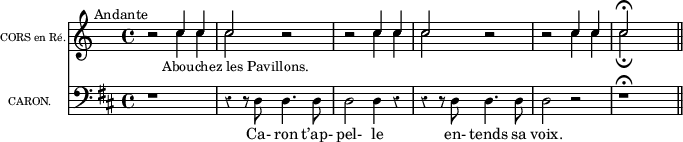 
\language "italiano"
upper = \relative do'' {
\clef treble
\key do \major
\time 4/4
r2^\markup {\halign #1 Andante} << {do4_\markup {\halign #-0.8 "Abouchez les Pavillons."} do | do2} \\ {do4 do | do2} >> r2 | r2 << {do4 do | do2} \\ {do4 do | do2} >> r2 |
r2 << {do4 do | do2\fermata} \\ {do4 do | do2\fermata} >> s2 \bar "||" 
}%upper

Txtcaron = \lyricmode {
  Ca- ron t’ap- pel- le en- tends sa voix.
}
lower = \relative do {
\clef bass
\key re \major
\time 4/4
\override Rest #'style = #'classical
r1 | r4 r8 re8 re4. re8 | re2 re4 r4 | r4 r8 re8 re4. re8 | re2 r2 | r1\fermata \bar "||"
}%lower
\score {
<<
\new Staff = "cors" <<
    \set Staff.instrumentName =  \markup {\fontsize #-3 "CORS en Ré."}
    \new Voice = "cors" {
      \upper
    }
  >>
 \new Staff = "caron" <<
    \set Staff.instrumentName =  \markup {\fontsize #-3 "CARON.    "}
    \new Voice = "caron" {
      \lower
    }
  >>
  \new Lyrics \lyricsto "caron" {
    \Txtcaron
  } 
>>
\layout{
  indent = 1.5\cm
  \set fontSize = #-1
} %layout
} %score
\header { tagline = ##f}
