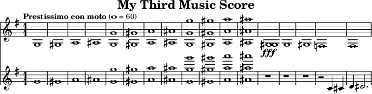 
\version "2.14.2"

 \header { title = "My Third Music Score" tagline = "" }
 music = <<
     \new Staff \relative c' { \key g \major \tempo "Prestissimo con moto" 1 = 60
       \time 1/1 g1 gis a ais <g g'> <gis gis'> <a a'> <ais ais'> <g g' g'> <gis gis' gis'> <a a' a'> <ais ais' ais'> <gis gis gis gis> \fff g gis f fis
     }

     \new Staff \relative c' { \key g \major \tempo "Prestissimo con moto" 1 = 60
       \time 1/1 g'1 gis a ais <g g'> <gis gis'> <a a'> <ais ais'> <g g' g'> <gis gis' gis'> <a a' a'> < ais ais' ais'> r r r r2 c,4 cis d dis2.
     }
  >>
 \score { \music \layout { indent = 0 } }
 \score { \unfoldRepeats { \tempo 4 = 100 \music } \midi {  } }
