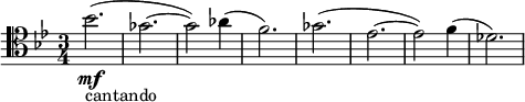  \relative f' { \clef tenor \key g \minor \time 3/4 bes2.\mf-\markup { cantando }( | ges~ | ges2) as4( | f2.) | ges2.( | es~ | es2) f4( | des2.) }