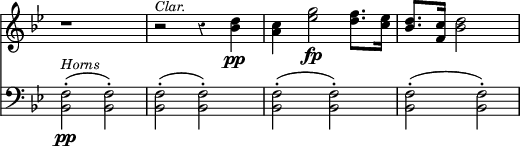 { \override Score.TimeSignature #'stencil = ##f \override Score.Rest #'style = #'classical \key bes \major << \relative d'' { r1 r2^\markup { \smaller \italic Clar. } r4 <d bes>\pp <c a> <g' ees>2\fp <f d>8. <ees c>16 <d bes>8. <c f,>16 <bes d>2 }
\new Staff { \clef bass \key bes \major \relative f { <f bes,>2-.(\pp^\markup { \smaller \italic Horns } <f bes,>-.) <f bes,>-.( <f bes,>-.) <f bes,>-.( <f bes,>-.) <f bes,>-.( <f bes,>-.) } } >> }