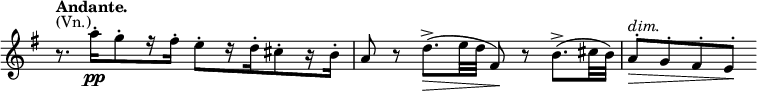 
\relative c''' \new Staff \with { \remove "Time_signature_engraver" } {
 \key g \major \set Score.tempoHideNote = ##t \tempo "Andante." 4=72 \time 4/4
 r8.^\markup (Vn.) a16^.[ \pp g8^. r16 fis^.] e8^.[ r16 d^. cis8^. r16 b^.]
 a8 r d8.^> \> ( e32 d fis,8\! ) r8 b8.^> ( cis32 b)
 a8^. ^\markup \italic dim. \> g^. fis^. e^. \!
}
