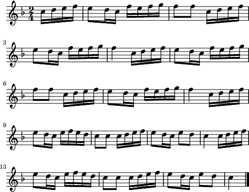 
\version "2.18.2"
\relative c'{
  \key f \major
  \time 2/4
  \partial 8*2
  c'16 d e f e8 d16 c f e f g | f8 f c16 d e f | \break
  e8 d16 c f e f g | f4 c16 d e f | e8 d16 c f e f g | \break
  f8 f c16 d e f | e8 d16 c f e f g | f4 c16 d e f | \break
  e8 d16 c e f e d | c8 c c16 d e f | e8 d16 c e8 d | c4 c16 d e f | \break
  e8 d16 c e f e d | c8 c c16 d e f | e8 d16 c e8 d | c4 \bar "|."
}
\layout {
  indent = #00
  line-width = #123
}
\midi {
  \context {
    \Score
    tempoWholesPerMinute = #(ly:make-moment 125 4)
  }
}
\header { tagline = ##f }
