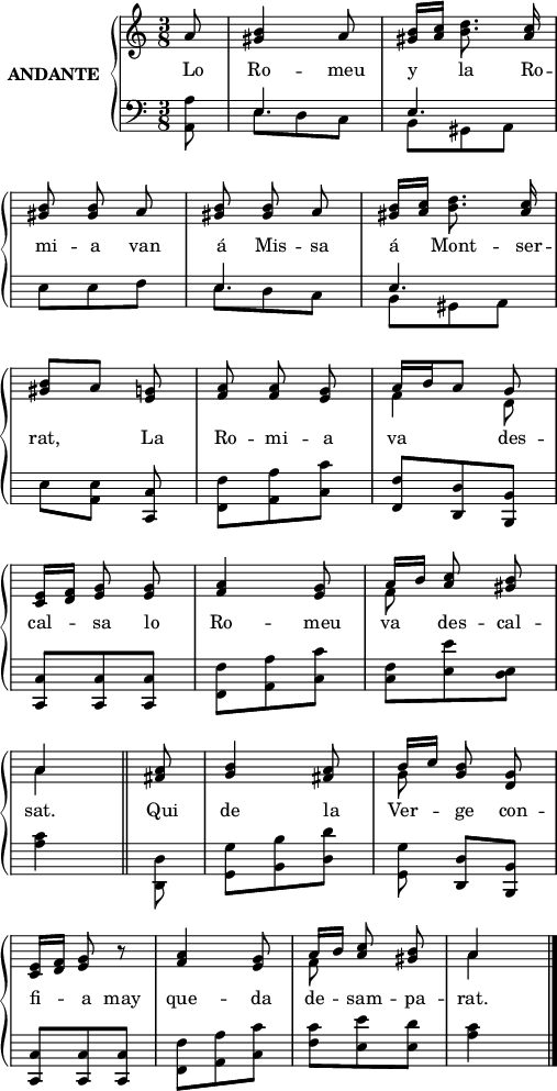 

\version "2.14.2"

\header {
  % Eliminar el peu de pàgina predeterminat de LilyPond
  tagline = ##f
}

\layout {
  \context {
    \Score
    \remove "Bar_number_engraver"
  }
}

%Elements globals
global = {
  \set Score.tempoHideNote = ##t
  \tempo 4 = 100
  \key c \major
  \time 3/8
  \partial8
  \override Staff.Rest #'style = #'classical
  \override Staff.KeySignature #'break-visibility = #'#(#f #f #f)
  \override Staff.Clef #'break-visibility = #'#(#f #f #f)
  \override Staff.TimeSignature #'break-visibility = #'#(#f #t #t)
  \override Score.SystemStartBar #'collapse-height = #1
  \override Stem #'neutral-direction = #1
  \override NoteColumn #'ignore-collision = ##t
}
%%%%%%%%%%%%%%%%%%%
% NOTACIÓ MUSICAL %
%%%%%%%%%%%%%%%%%%%
% partitura ma dreta
dreta = \relative c'' {
  \global
  % La música comença aquí.
  \autoBeamOff
  a8
  <gis b>4 a8
  <gis b>16[ <a c>] <b d>8. <a c>16 \break
  <gis b>8 q a
  <gis b>8  q a
  <gis b>16[ <a c>] <b d>8. <a c>16 \break
  <gis b>8[ a] <e g>
  <f a>8 q <e g>
  <<{a16[ b a8] g}\\{f4 d8]}>> \break
  <c e>16[ <d f>] <e g>8 q
  <f a>4 <e g>8
  <<{a16[ b]}\\f8>> <a c> <gis b> \break
  <<a4\\a>> \bar"||" <fis a>8
  <g b>4 <fis a>8
  <<{b16[ c]}\\g8>> <g b>8 <d g> \break
  <c e>16[ <d f>] <e g>8 r
  <f a>4 <e g>8
  <<{a16[ b]}\\f8>> <a c>8 <gis b>
  <<a4\\a4>> \bar"|."
}

% partitura ma esquerra
esqA = \relative c {
  \global
  % La música comença aquí.
  s8
  \repeat unfold 2 {e4. e s}
}

esqB = \relative c {
  \global
  <a a'>8
  \repeat unfold 2 {
    e'8 d c
    b8 gis a}
  \alternative {
    {e'8 e f}
    {e8 <a, e'> \stemUp <c, c'>\noBeam }
  }
\stemDown
  <f f'>8 <a a'> <c c'>
  \stemUp
  <f, f'> <d d'> <b b'>
  <c c'> q q
  \stemDown
  <f f'> <a a'> <c c'>
  <f c> <e e'> <e d>
  <a c>4 <d,, d'>8
  <g g'> <b b'> <d d'>
  <g, g'>\noBeam \stemUp <d d'> <b b'>
  <c c'> q q
  \stemDown
  <f f'> <a a'> <c c'>
  <f c'> <e e'> <e d'>
  <a c>4
}

esq = <<\esqA \\ \esqB>>

%%%%%%%%%%
% LLETRA %
%%%%%%%%%%
lletra = \lyricmode {
  Lo8 Ro4 -- meu8 y la8. Ro16 -- mi8 -- a
  van á Mis -- sa á Mont8. -- ser16 -- rat,4
  La8 Ro -- mi -- a8 va4 des8 -- cal -- sa
  lo Ro4 -- meu8 va des -- cal -- sat.4
  Qui8 de4 la8 Ver -- ge con -- fi -- a
  may que4 -- da8 de -- sam -- pa -- rat.
}

%%%%%%%%%%%%%%
% DINÀMIQUES %
%%%%%%%%%%%%%%
% dinàmiques de la mà dreta
dinD = {s}
% dinàmiques de la mà esquerra
dinE = {s}

right = <<\dreta \dinD>>
left = <<\esq \dinE>>

%%%%%%%%%%%%%
% PARTITURA %
%%%%%%%%%%%%%
\score {
  \new StaffGroup \with {
    instrumentName = \markup {
      \center-column \bold {ANDANTE}
    }
    systemStartDelimiter = #'SystemStartBrace
  } <<
    \new Voice = "right" \with {
      midiInstrument = "acoustic grand"
    } \right
    \new Lyrics {
      \lletra
    }
    \new Staff = "left" \with {
      midiInstrument = "acoustic grand"
    } { \clef bass \left }
  >>
  \layout {
    indent = 25
    %    ragged-last = ##t
    line-width = 125
  }
  \midi {}
}
