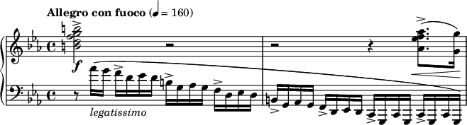 
\new PianoStaff << \new Staff = "Up" << \new Voice \relative c' { \clef treble \tempo "Allegro con fuoco" 4=160 \time 4/4 \key c \moll <b' dfg b >2-> \frr r4 <aes ees' f aes>8.-> \< (<g g'>16 \!) } >> \new Staff = "Down" << \new Voice \relative c{ \ Notenschlüssel Bass \key c \moll r8 aes''16_\markup{\italic legatissimo} (g f-> d ees d b-> g aes g f-> d ees d b-> g aes g f-> d ees d c-> gcg c-> gcg) } >> >>
