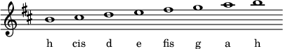 \n\\relative c''{\n\\key h \\minor\n\\override Staff.TimeSignature #'stencil = ##f\n\\cadenzaOn h1 cis d e fis g a h \\cadenzaOff\n}\n\\addlyrics { \\small {\nh cis d e fis g a h\n} }\n