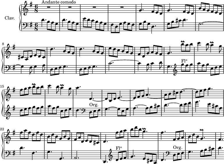 
\version "2.18.2"
\header {
 tagline = ##f
 % composer = "Domenico Scarlatti"
 % opus = "K. 328"
 % meter = "Andante comodo"
}

%% les petites notes
trillBqUp = { \tag #'print { b'8\prall } \tag #'midi { c32 b c b } }
trillA = { \tag #'print { a4\prall } \tag #'midi { b32 a b a~ a8 } }
trillBq = { \tag #'print { b8\prall } \tag #'midi { c32 b c b } }
trillGp = { \tag #'print { g4.\prall } \tag #'midi { a32 g a g~ g4 } }

upper = \relative c'' {
 \clef treble 
 \key g \major
 \time 6/8
 \tempo 4. = 92
 \set Staff.midiInstrument = #"harpsichord"
 \override TupletBracket.bracket-visibility = ##f

 s8*0^\markup{Andante comodo}
 R2.*4 | \repeat unfold 2 { g4. fis8 e d } | 
 % ms. 7
 b'8 a g fis e d | cis a d e d cis | \repeat unfold 2 { d'4. b8 a g } |
 % ms. 11
 e'8 d c b a g | fis d g a g fis | g4. \trillBqUp a8 b | c4 b8 \trillA g8 | fis g a \trillBq a8 b |
 % ms. 16
 c4 b8 \trillA g8 | a4. d,,4.~ | d8 b d e4.~ | e8 fis g a4.~ | a8 b cis d4.~ |
 % ms. 21
 d8 e fis g4. | fis8 a fis d fis d | b d b g b g | fis a d, e d cis | d4. fis'8 g a |
 % ms. 26
 b8 d b \trillGp | fis4. fis,8 g a | b d b \trillGp | fis4. 
 % ms. 31
 

}

lower = \relative c' {
 \clef bass
 \key g \major
 \time 6/8
 \set Staff.midiInstrument = #"harpsichord"
 \override TupletBracket.bracket-visibility = ##f

 % ************************************** \appoggiatura a16 \repeat unfold 2 { } \times 2/3 { } \omit TupletNumber 
 \repeat unfold 2 { d4. b8 a g } | e'8 d c b a g | fis d g a g fis | g b g | d4. |
 % ms. 6
 g8 b cis d4. | g,2.~ | g4 fis8 g4 a8 | \repeat unfold 2 { d,8 e fis g4. } |
 % ms. 11
 c2.~ | c4 b8 c4 d8 | g,4. \clef treble g''8^\markup{Fl°} fis g | a fis g c, d e | d e fis g fis g |
 % ms. 16
 a8 fis g c, d e | d4. \clef bass d,,8^\markup{Org.} e fis | g4.~ g8 e g | a4.~ a8 b cis | d4.~ d8 e fis |
 % ms. 21
 g4. e8 cis a | d4. fis, | g g, | a2. | d,4. \clef treble d''8^\markup{Fl°} e fis |
 % ms. 26
 g4. e8 cis a | d4. \clef bass d,8^\markup{Org.} e fis | g4. a8 b cis | d4. 
 % ms. 31
 

}

thePianoStaff = \new PianoStaff <<
 \set PianoStaff.instrumentName = #"Clav."
 \new Staff = "upper" \upper
 \new Staff = "lower" \lower
 >>

\score {
 \keepWithTag #'print \thePianoStaff
 \layout {
 #(layout-set-staff-size 17)
 \context {
 \Score
 \override SpacingSpanner.common-shortest-duration = #(ly:make-moment 1/2)
 \remove "Metronome_mark_engraver"
 }
 }
}

\score {
 \keepWithTag #'midi \thePianoStaff
 \midi { }
}
