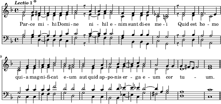 { \time 4/4 \key f \major \tempo \markup { \italic { Lectio } 1 \raise #1.0 o } \override Score.Rest #'style = #'classical <<
\new Voice = "first" { \voiceOne \relative g' { g2 g4 fis | f f f g | a2 r4 a | a a a2 |
f4 f f g | ees2 d | r4 f2 f4 | f2. e4 | e2 g4 g |
a4 a c2 | bes a | bes g4 a | bes2 bes4 bes ~ | bes c bes2 |
a g4 g | g fis8 e fis2 | g1 \bar "||" } }
\new Voice = "second" { \voiceTwo \relative d' { d2 d4 d ~ | d d d e | f2 r4 e ~ | e f f2 |
c4 d d d | c2 b | r4 d2 d4 | d2 c | c e4 e |
f f a2 | g fis | g e4 e | f2 f4 g ~ | g g g2 |
d d | d1 | e } }
\new Lyrics \lyricsto "first" { Par -- ce mi -- _ hi Do -- mi -- ne ni -- _ hil e -- nim sunt di -- es me -- i Quid est ho -- mo qui -- a mag -- ni -- fi -- cat e -- um aut quid ap -- po -- nis er -- ga e -- um cor _ tu -- _ _ _ um. }
\new Staff { \clef bass \key f \major << \new Voice = "third" { \voiceThree \relative b { bes2 bes4 a ~ | a a a c | c2 r4 c ~ | c c c2 |
a4 bes bes bes | g2 g | r4 a2 bes4 | a2 a | g c4 c |
c c f2 | d d | d c4 c | d2 d4 ees ~ | ees ees d2 ~ | 
d4 a bes2 | a1 | c } }
\new Voice = "fourth" { \voiceFour \relative g { g2 g4 d ~ | d d d c | f2 r4 a ~ | a f f2 |
f4 bes, bes g | c2 g | r4 d'2 d4 | d2 a | c c4 c |
f f f2 | g d | g c,4 c | bes2 bes4 ees ~ | ees c g'2 |
fis g | d1 | c } } >> }
>> }