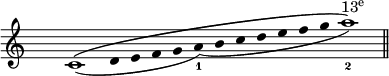  
\relative c'{
\override Staff.TimeSignature #'transparent = ##t
\time 19/4
c1\(_(
\override Stem #'stencil = ##f 
\override Stem #'length = #0 
d4 e f g 
a)_(_1
b c d e f g
\override Stem #'stencil = ##t 
\override Stem #'length = #3.5
a1)\)^\markup{\concat { "13" { \tiny\raise #0.8 "e"}}}_2
\bar "||"  
}
