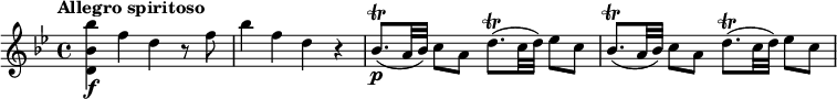 
\relative c''' { \override Score.NonMusicalPaperColumn #'line-break-permission = ##f \tempo "Allegro spiritoso" \key bes \major <bes bes, d,>4\ffd r8 f |  bes4 fdr |  bes8.\trill\p( a32 bes) c8 a d8.\trill( c32 d) es8 c |  bes8.\trill( a32 bes) c8 a d8.\trill( c32 d) es8 c |  }
