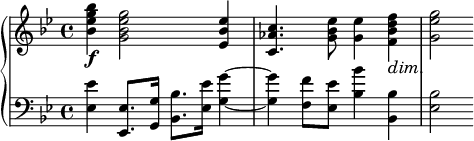 
\relative c'' {
\new PianoStaff << 
\new Staff {
\clef G
\key bes \major
\time 4/4
<bes ees g bes>4_\f
<g bes ees g>2
<ees bes' ees>4
<c aes' c>4. <g' bes ees>8 <g ees'>4 <f bes d f>4\dim ~ |
<g ees' g>2\! |
}
\new Staff  {
\clef F
\key bes \major
\time 4/4
<ees, ees'>4 <ees, ees'>8. <g g'>16 <bes bes'>8. <ees ees'>16 <g g'>4~
<g g'>4 <f f'>8 <ees ees'>8 <bes' bes'>4 <bes, bes'>4 <ees bes'>2
}
>>
} 
