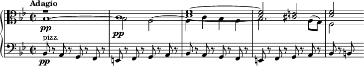 \relative c' {  \new PianoStaff <<\new Staff <<      \new Voice {        \set Staff.midiInstrument = #"string ensemble 1" \stemDown \clef alto \key bes \major \time 2/2 \set Score.tempoHideNote = ##t \tempo "Adagio" 2 = 30        bes1~\pp |        bes2 a2~ |        a4 c4 bes4 a4 |        bes2. a8 (g8) |        f2      }      \new Voice {        \stemUp        r1 |        c'1 \pp |        <f d>1~ |        <f d>2 <e! cis>2 |        <f d>2          }       >>\new Staff {    \set Staff.midiInstrument = #"pizzicato strings" \key bes \major \clef bass \time 2/2     bes,,8 \pp ^"pizz." r8 a8 r8 g8 r8 f8 r8 |    e8 r8 f8 r8 g8 r8 a8 r8 |    bes8 r8 a8 r8 g8 r8 f8 r8 |    e8 r8 f8 r8 g8 r8 a8 r8 |    bes8 r8 b!  }     >>   }