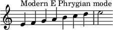  { \menimpa Skor.TimeSignature #'stensil = ##f \relatif c' { \clef treble \waktu 7/4 e4^\markup { Modern E Phrygian mode } f g a b c d e2 } } 