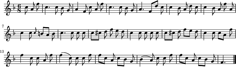 
\relative c'' {
  \key f \major
  \time 6/8
  \partial 4.
  \autoBeamOff
  c8 a f'
  c4. c8 bes g
  a4 f8 c' a f'
  c4. c8 bes g
  a4. f8[ d'] c
  c4 bes8 a d c

  c4 bes8 a f' a,
  c4 c8 \grace c b[ a] b
  c4. c8 c c
  c[ cis] d f e d
  c4 c8 c c c
  c[ cis] d f[ e] d

  c4 c8 c[ a] f'
  f4 c8 c a f'
  f4( c8) c c f
  f[ c] a c[ bes] g
  bes4( a8) c c f
  f[ c] a c[ bes] g
  f4.
  \bar "|."
}
