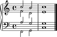 
\version "2.14.2"
\header {
 tagline = ##f
}
upper = \relative c'' {
 \clef treble 
 \key c \major
 \time 4/4
 \tempo 4 = 100
 %\autoBeamOff

 << { c2 b c1 } \\ { f,2 d e1 } >>
 \bar "|."

}

lower = \relative c' {
 \clef bass
 \key c \major
 \time 4/4
 
 << { a2 g g1 } \\ { f,2 g c1 } >>
 
} 

\score {
 \new PianoStaff <<
 \set PianoStaff.instrumentName = #""
 \new Staff = "upper" \upper
 \new Staff = "lower" \lower
 >>
 \layout {
 \context {
 \Score
 \remove "Metronome_mark_engraver"
 }
 }
 \midi { }
}
