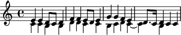 
\version "2.18.2"
\header {
 tagline = ##f
 % composer = "Johann Pachelbel"
 % opus = "Chaconne en ut majeur, P. 38"
 % meter = ""
}

\score {
<<
 \relative c' {
 %\clef bass
 \key c \major
 \time 4/4
 \override TupletBracket #'bracket-visibility = ##f 

 %s8*0^\markup{Aria}
 << { e4 e d8 c d4 | f f e8 d e4 | g g f e d8. c16 d4 c c } 
 \\ { c4 c b b | d d c c | b c d c~ | c b } >>

 }
>>
 \layout {
 #(layout-set-staff-size 17)
 \context { \Score \remove "Metronome_mark_engraver" 
 \override SpacingSpanner.common-shortest-duration = #(ly:make-moment 1/2)
 }
 }
}
