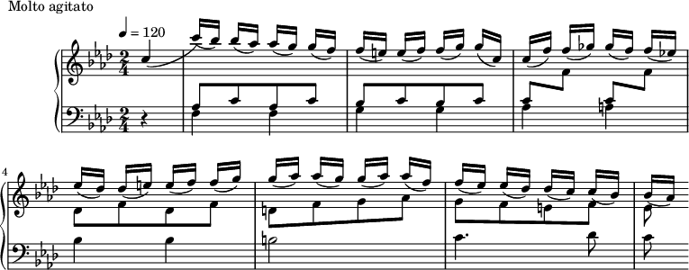 
\version "2.18.2"
\header {
 tagline = ##f
}
upper = \relative c'' {
 \clef treble 
 \key f \minor
 \time 2/4
 \tempo 4 = 120
 %\autoBeamOff

 %%Montgeroult — Étude 55 (pdf p. 174)
 \partial 4
 << { c4_( c'16[)_( bes]) bes[_( aes]) aes[_( g]) g[_( f]) } \\ { s4 \stemUp \change Staff = "lower" aes,,8[ c aes c] } >>
 << { f'16[_( e!]) e[_( f]) f[_( g]) g[_( c,]) } \\ { \stemUp \change Staff = "lower" bes,8[ c bes c] } >>
 << { c'16[_( f]) f[_( ges]) ges[_( f]) f[_( ees!]) } \\ { \repeat unfold 2 { \stemUp \change Staff = "lower" c,8 \stemDown \change Staff = "upper" f } } >>
 << { ees'16[_( des]) des[_( e!]) e[_( f]) f[_( g]) g[_( aes]) aes[_( g]) g[_( aes]) aes[_( f]) } \\ { des,8[ f des f] d![ f g aes] } >>
 << { f'16[_( ees]) ees[_( des]) des[_( c]) c[_( bes]) bes[_( aes]) } \\ { g8[ f e! f] ees } >>

}

lower = \relative c {
 \clef bass
 \key f \minor
 \time 2/4

 r4 f4 f g g aes a! bes bes b!2 c4. des8 c8

}

 \header {
 piece = "Molto agitato"
 }

\score {
 \new PianoStaff <<
 \new Staff = "upper" \upper
 \new Staff = "lower" \lower
 >>
 \layout {
 \context {
 \Score
 
 }
 }
 \midi { }
}
