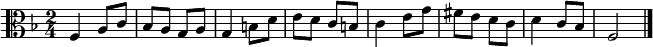 \relative c' {
  \clef alto
  \key f \major
  \time 2/4
  f,4 a8 c |
  bes a g a |
  g4 b8 d |
  e d c b |
  c4 e8 g |
  fis e d c |
  d4 c8 bes |
  f2
  \bar "|."
}