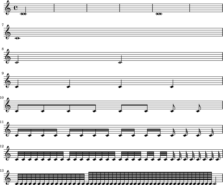 
\relative c' {
 c\longa c\breve
 \break
 c1
 \break
 c2 c
 \break
 c4 c c c
 \break
 c8 c c c c [c] \autoBeamOff c c
 \break
 \autoBeamOn c16 c c c c c c c c c c [c] \autoBeamOff c c c c 
 \break
 \autoBeamOn c32 c c c c c c c c c c c c c c c c [c c c] c [c] c [c] \autoBeamOff c c c c c c c c
 \break
 \autoBeamOn c64 c c c c c c c c c c c c c c c c128 c c c c c c c c c c c c c c c c c c c c c c c c c c c c c c c c2}
