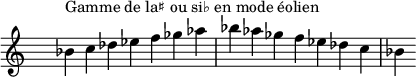 
\relative c'' { 
 \clef treble \time 7/4 \hide Staff.TimeSignature bes4^\markup { Gamme de la♯ ou si♭ en mode éolien } c des ees f ges aes bes aes ges f ees des c bes
}
