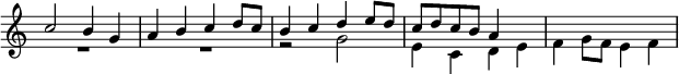 \relative c'' { \key c \major \time 2/2 \override Score.TimeSignature #'stencil = ##f << { c2 b4 g | a b c d8 c | b4 c d e8 d | c d c b a4 } \\ { R1*2 r2 g2 e4 c d e | f g8 f e4 f } >> }