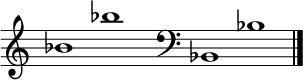 
\new Staff \with
{
  \omit TimeSignature
  fontSize = #2
  \override StaffSymbol.staff-space = #1.25
  \override StaffSymbol.thickness = #1.25
  \override Clef.full-size-change = ##t
  \override BarLine.hair-thickness = #2.4
  \override BarLine.thick-thickness = #7.5
  \override BarLine.kern = #3.75
  \override BarLine.transparent = ##t
}
{
  \time 18/8
  \clef treble
  s8
  bes'1 bes''
  s8
  \grace s8
  \clef bass
  \bar "|"
  s8
  bes,1 bes
  \override Staff.BarLine.transparent = ##f
  \bar "|."
}
