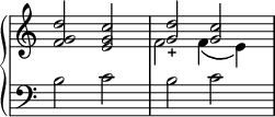 
\language "italiano"
upper = \relative do'' {
  \override Staff.TimeSignature #'stencil = ##f
  \clef treble
  \key do \major
  <<  {
        \voiceOne
        <re sol, fa>2 <do sol mi> | <re sol,>_+ <do sol>
      }
      \new Voice {
        \voiceTwo
        s1 |  \override NoteColumn.force-hshift = #-1.7 fa,2 fa4\( mi\)
      }
    >>
}
lower = \relative do {
  \override Staff.TimeSignature #'stencil = ##f
  \clef bass
  \key do \major
   si'2 do | si do
}
\score {
  \layout {
    \context {
      \Score
      \override SpacingSpanner.base-shortest-duration = #(ly:make-moment 1/16)
    }
  }
  \new PianoStaff <<
    \new Staff = "upper" \upper
    \new Staff = "lower" \lower
  >>
}
\header { tagline = ##f}
\paper {
  indent = 0
  line-width = #120
}
