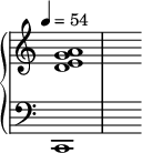 
{
  \cadenzaOn %% tahtiviivojen piilotus
  \new PianoStaff <<

    \new Staff = "treble" {
      \tempo 4=54 \clef "treble" 
      \key a \minor

      \override Staff.TimeSignature #'stencil = ##f % Tahtiosoituksen piilotus
  
      \relative c' {
        <d e g a>1 \bar "|"
        s4 s s s s s s
        s4 s s s s s s
      }
    }
  
    \new Staff = "bass" {
      \clef "bass"
      \key a \minor

      \override Staff.TimeSignature #'stencil = ##f % Tahtiosoituksen piilotus

      \relative c {
        c,1 \bar "|"
        s4 s s s s s s
        s4 s s s s s s
      }
    }
   >>
}
