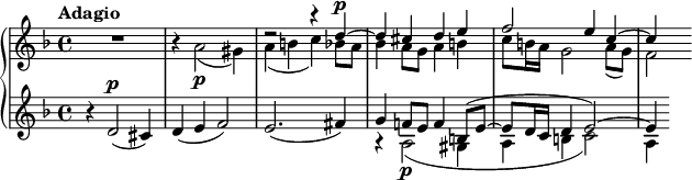 
    { \new PianoStaff <<
        \new Staff <<
            \tempo Adagio
            \set Staff.midiInstrument = #"clarinet"
            \new Voice \relative c'' {
                \set Score.tempoHideNote = ##t \tempo 4 = 46
                \stemUp \clef treble \key d \minor \time 4/4
                s1 s1 r2 r4 d^\p^~ d cis d e f2 e4 c^~ c4
                }
            \new Voice \relative c'' {
                \stemDown
                R1 r4 a2\p_( gis4) a_( b c) bes8 a bes4 a8 g a4 b c8 b16 a g2 a8_( g) f2
                }
            >>
        \new Staff <<
            \set Staff.midiInstrument = #"bassoon"
            \mergeDifferentlyHeadedOn
            \mergeDifferentlyDottedOn
            \new Voice \relative c' {
                \stemUp \clef treble \key d \minor \time 4/4
                r4 d2^\markup {\dynamic p}( cis4) d( e f2) e2.( fis4) g f!8 e f4 b,8^( e^~ e8 d16 c d4 e2^~) e4

                }

            \new Voice \relative c' {
                \stemDown
                s1 s1 s1 r4 a2\p_( gis4 a b c2) a4
                }
            >>
    >> }
