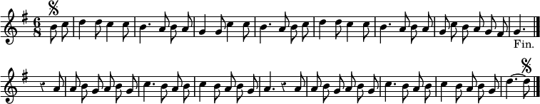 
\relative c'' {
  \override Rest #'style = #'classical
  \key g \major
  \time 6/8
  \partial 4
  \autoBeamOff
  b8\segno c
  d4 d8 c4 c8
  b4. a8 b a
  g4 g8 c4 c8
  b4. a8 b c
  d4 d8 c4 c8
  b4. a8 b a
  g c b a g fis

  %tourne

  g4._"Fin." \bar "|." r4 a8
  a b g a b g
  c4. b8 a b
  c4 b8 a b g
  a4. r4 a8
  a b g a b g
  c4. b8 a b
  c4 b8 a b g
  d'4.~ d8\segno
  \bar "|."
}
