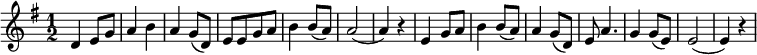  \relative f' { \key e \minor \time 1/2 | d e8 g | a4 b | a g8( d) | e e g a | b4 b8( a) | a2( | a4) r | e4 g8 a | b4 b8( a) | a4 g8( d) | e a4. | g4 g8( e) | e2( | e4) r | }