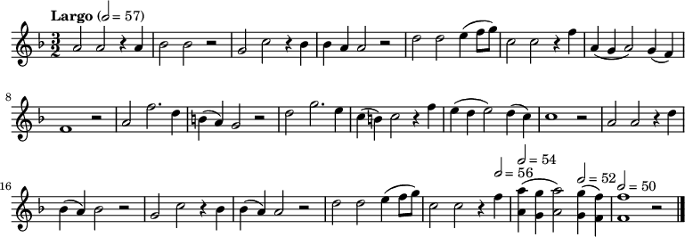  {
 \set Staff.midiInstrument = #"choir aahs"
 \key f \major
 \tempo "Largo" 2 = 57
 \time 3/2
 \relative c'' {
 a2 a r4 a bes2 bes r g c r4 bes bes a a2 r
 d d e4 (f8 g) c,2 c r4 f a, (g a2) g4 (f) f1 r2
 a f'2. d4 b (a) g2 r d' g2. e4 c (b) c2 r4 f e (d e2) d4 (c) c1 r2
 a a r4 d bes (a) bes2 r g c r4 bes bes (a) a2 r
 d d e4 (f8 g) c,2 c r4 \tempo 2 = 56 f \tempo 2 = 54 <a a,> (<g g,> <a a,>2) \tempo 2 = 52 <g g,>4 (<f f,>) \tempo 2 = 50 <f f,>1 r2 \bar "|."
 } }