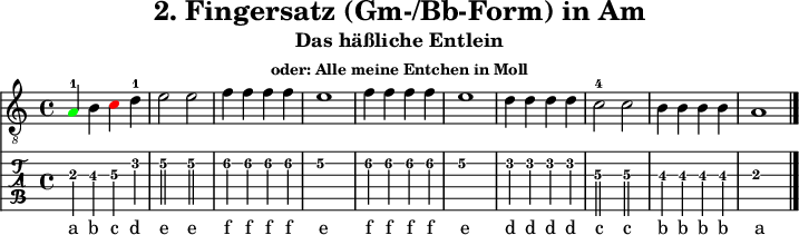 
\version "2.20.0"
\header {
  title="2. Fingersatz (Gm-/Bb-Form) in Am"
  subtitle="Das häßliche Entlein"   
  subsubtitle="oder: Alle meine Entchen in Moll"
}
%% Diskant- bzw. Melodiesaiten
Diskant = \relative c' {
  \set TabStaff.minimumFret = #2
  \set TabStaff.restrainOpenStrings = ##t
  \key a \minor
  \once \override NoteHead #'color = #green
  a4-1 b 
  \once \override NoteHead #'color = #red 
  c d-1 e2 e f4 f f f e1
  f4 f f f e1 d4 d d d c2-4 c
  b4 b b b a1
  \bar "|."
}

%% Layout- bzw. Bildausgabe
\score {
  <<
    \new Voice  { 
      \clef "treble_8" 
      \time 4/4  
      \tempo 4 = 120 
      \set Score.tempoHideNote = ##t
      \Diskant \addlyrics {  
        a4 b c d e2 e f4 f f f e1
        f4 f f f e1 d4 d d d c2 c
        b4 b b b a1
      }
    }   
    \new TabStaff { \tabFullNotation \Diskant }
  >>
  \layout {}
}

%% Midiausgabe mit Wiederholungen, ohne Akkorde
\score {
  <<
    \unfoldRepeats {
      \new Staff  <<
        \tempo 4 = 120
        \time 4/4
        \set Staff.midiInstrument = #"acoustic guitar (nylon)"
        \clef "G_8"
        \Diskant
      >>
    }
  >>
  \midi {}
}
%% unterdrückt im raw="!"-Modus das DinA4-Format.
\paper {
  indent=0\mm
  %% DinA4 = 210mm - 10mm Rand - 20mm Lochrand = 180mm
  line-width=180\mm
  oddFooterMarkup=##f
  oddHeaderMarkup=##f
  % bookTitleMarkup=##f
  scoreTitleMarkup=##f
}
