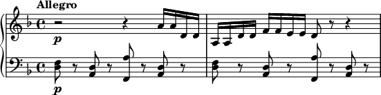 
{ \new PianoStaff <<
\new Staff \relative a' { \set Staff.midiInstrument = #"piano" \key d \minor \clef treble \time 4/4 \set Score.tempoHideNote = ##t \tempo "Allegro" 4 = 100
  r2 \p r4 a16 a16 d,16 d16 | % 2
  a16 a16 d16 d16 f16 f16 e16 e16 d8 r8 r4
  }
\new Staff \relative d { \set Staff.midiInstrument = #"piano" \key d \minor \clef bass \time 4/4
  <d f>8 \p r8 <a d>8 r8 <f a'>8
  r8 <a d>8 r8 | % 2
  <d f>8 r8 <a d>8 r8 <f a'>8 r8 <a d>8 r8 }
>> }
