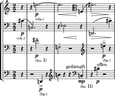 
\new StaffGroup <<
  \new Staff
\relative c'' {
  \clef treble \override Staff.TimeSignature.style = #'numbered \time 2/2
  \set Score.tempoHideNote = ##t \tempo 2 = 50 \accidentalStyle dodecaphonic
  \set Staff.midiInstrument = "string ensemble 1"
    \partial 4 r4 | r4 e2.~_\markup { \tiny (vla.) }\p | \tweak shorten-pair #'(0 . 4)\<e2. \clef alto f,,4( | )fis'2.\> r4\! |
}
  \new Staff
\relative c {
  \clef bass \override Staff.TimeSignature.style = #'numbered \time 2/2
  \set Score.tempoNote = ##t \tempo 2 = 50 \accidentalStyle dodecaphonic
  \set Staff.midiInstrument = "string ensemble 1"
      \partial 4 cis'4_\markup { \halign #0.1 \tiny (vlc.) }\p( | )c,2. r4 | r4 ees2\tweak shorten-pair #'(0 . 4)\< \!r4 | d,2.(\> cis''4-.)\! |
}
  \new Staff
\relative c' {
  \clef bass \override Staff.TimeSignature.style = #'numbered \time 2/2
  \set Score.tempoNote = ##t \tempo 2 = 50 \accidentalStyle dodecaphonic
  \set Staff.midiInstrument = "French horn"
    \partial 4 r4 | r4 fis2--_\markup { \tiny (hn. I) }\p r4 | f,2-- r2 \clef treble \set Staff.midiInstrument =  #"orchestral harp" | r2 e''4->^\flageolet_\markup { \tiny (hp.) }\p r4 |
}
  \new Staff
\relative c, {
  \clef bass \override Staff.TimeSignature.style = #'numbered \time 2/2
  \set Score.tempoNote = ##t \tempo 2 = 50 \accidentalStyle dodecaphonic
  \set Staff.midiInstrument = "orchestral harp"
    \partial 4 r4 | r2 d4->_\markup { \tiny (hp.) }\p r4 \clef treble | b'''4 r4 r4 \set Staff.midiInstrument =  #"French horn" \clef bass \set Staff.midiInstrument =  #"French horn" c,,4--^\markup { \halign #0.5 gedämpft }_\markup { \tiny (hn. II) }\mp | r4 cis'4--^"offen"\p r2 |
}
>>
