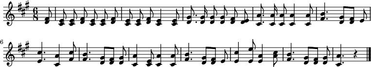 
\relative a' {
  \key a \major   \time 6/8   \partial 8   \autoBeamOff
  <fis d>8 | <e cis> <e cis> <fis d> <e cis> <e cis> <fis d> |
  <e cis> <e cis> <fis d> <e cis>4 <e cis>8 |
  <gis d>8. <gis d>16 <gis d>8 <gis d> <fis d> <e d> |
  <a cis,>8. <a cis,>16 <a cis,>8 <a cis,>4 <a cis,>8 |
  <b fis>4. <gis d>8[ <fis d>] e |
  <cis' e,>4. <a cis,>4 <cis fis,>8 |
  <b fis>4. <gis d>8[ <fis d>] <gis d> |
  <a cis,>4 <e cis>8 <a cis,>4 <a cis,>8 |
  <b fis>4. <gis d>8[ <fis d>] e
  <cis' e,>4 <e e,>8 <a, e>4 <cis a>8 |
  <b fis>4. <gis d>8[ <fis d>] <gis d> |
  <a cis,>4. r4 \bar "|."
}
