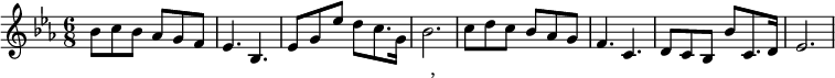 
\transpose c es\relative c' {
 \key c \major
 \tempo ""
 \time 6/8
 \set Staff.midiInstrument = #"violin"
 \set Score.tempoHideNote = ##t \tempo 8 = 180
  g'8 a g f e d |
 c4. g |
 c8 e c' b a8. e16 |
 g2. |
 a8 b a g f e |
d4. a|
b8 a g g' a,8. b16|
c2.
}
\addlyrics {
 我 _ 和 我 _ 的 | 祖 国 | 一 刻 也 不 能 分 | 割,
 无 论 我 走 _ 到 | 那 里 | 都 流 出 一 首 赞 | 歌
 }
