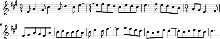  {
  {
    \new Staff {
      \set Staff.midiInstrument = #"string ensemble 1"
    \numericTimeSignature \time 3/4 \key a \major 
    \relative g' {
      e8 a4 gis8 cis4 | a8 d4 cis8 e4~ 
      \time 4/4
      e8 fis e d cis e d cis | e4. fis8 e d cis b
      \time 3/4
      a8 gis8 e4. fis8 | e fis a gis e a b cis a b cis a |
      b8 d4 cis8 e4~| e4 fis8 e d cis b a b d cis4~ |
      cis8 b cis d cis b | cis4. 
    }
    } 
  }
}