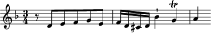 
\version "2.18.2"
\header {
  tagline = ##f
}

\score {
  \new Staff \with {

  }
<<
  \relative c' {
    \key d \minor
    \time 3/4

     %% SUJET fugue CBT I-6, BWV 851, ré mineur
     r8 d8 e f g e f16 d cis d bes'4-! g\trill a4~

  }
>>
  \layout {
     \context { \Score \remove "Metronome_mark_engraver" 
     %\override SpacingSpanner.common-shortest-duration = #(ly:make-moment 1/2) 
}
  }
  \midi {} 
}
