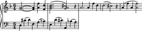 \language "english"{ \new PianoStaff << \new Staff \with{ \magnifyStaff #4/5 } \relative c' { \set Staff.midiInstrument =#"electric grand" \clef treble   \key d \minor \time 6/4
<f a>2. ~<a f>4 <a f'> <f d'> <g bf d>2.( <g a cs>2) r4 
a2. a4 f' d d2. (cs2) r4
a4 (f' a, <a f'>2) 
} \new Staff \with{ \magnifyStaff #4/5 }\relative c{ \set Staff.midiInstrument = #"electric piano 1" \clef bass
d4 cs' (d) f,4 a (bf) e, d' (cs) a, bf' (a)} >> }