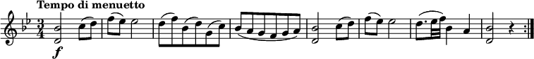 
  \relative c'' {
    \version "2.18.2"
    \key bes \major 
    \tempo "Tempo di menuetto"
    \tempo 4 = 120
    \time 3/4
   <d, bes'>2 \f c'8 (d) 
   f (ees) ees2
   d8 (f) bes, (d) g, (c)
   bes (a g f g a)
   <d, bes'>2  c'8 (d)
   f (ees) ees2
   d8. (ees32 f) bes,4 a
   <d, bes'>2 r4 \bar ":|."  
}
