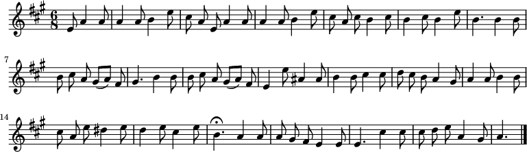 
\relative c' {
  \key a \major
  \time 6/8
  \partial 2
  \autoBeamOff
  e8 a4 a8
  a4 a8 b4 e8
  cis a e a4 a8
  a4 a8
  b4 e8
  cis a cis b4 cis8
  b4 cis8 b4 e8
  b4. b4 b8

  b cis a gis[( a]) fis
  gis4. b4 b8
  b cis a gis[( a]) fis
  e4 e'8 ais,4 ais8
  b4 b8 cis4 cis8
  d cis b a4 gis8
  a4 a8 b4 b8

  cis a e' dis4 e8
  d4 e8 cis4 e8
  b4.\fermata a4 a8
  a gis fis e4 e8
  e4. cis'4 cis8
  cis d e a,4 gis8
  a4.
  \bar "|."
}
