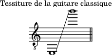 
\header {
 piece = "Tessiture de la guitare classique"
 tagline = ##f
}

\score {
 \relative c, {
 \clef "treble_8"
 \time 2/1

 e1\glissando b''''
 \bar "||"
 }
 \layout {
 \context {
 \Staff
 \remove "Time_signature_engraver"
 }
 }
 \midi {}
}
