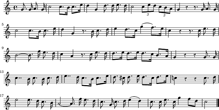 
\relative c'' {
  \key c \major
  \time 4/4
  \partial 2
  \autoBeamOff
  \override Rest #'style = #'classical
  g8. g16 a8. g16
  c2 c8.[ b16] c8.[ e16]
  d4 g, d'8. d16 e8.d16
  c2 \times 2/3 { c8[ e d] } \times 2/3 { c[ b a] }
  g4 r r8. g16 a8. g16

  c2 c8.[ b16] c8. e16
  d4 g, r8. b16 c8. d16
  e4 d8.[ c16] g'4( f8.)[ e16]
  c4 r r8. c16 e8. d16
  b2~ b8. f'16 e8. d16
  c4 a r8. c16 e8. d16

  d8.[ e16] d8.[ e16] d8.[ c16] b8.[ a16]
  g4 r r g8. g16
  c4.. b16 c8. b16 c8. d16
  e4.. d16 c8.[ b16] c8.[ e16]
  d8. cis16 d8. e16 d8.[ cis16] d8.[ e16]

  c!4 r r c8. d16
  e2 e8. d16 c8. b16
  a2~ a8. f'16 e8. d16
  c8. g16 c8. d16 e4( d)
  c8. c16 e8. c16 g'4 f8[ d]
  c2
  \bar "|."
}
