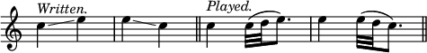 { \relative c'' { \time 2/4 \override Score.TimeSignature #'stencil = ##f
  c4\glissando^\markup \italic "Written." e |
  e4\glissando c \bar "||"
  c4^\markup \italic "Played." c32([ d32 e8.)] |
  e4 e32([ d32 c8.)] \bar "||" } }