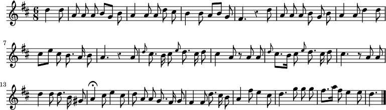 
\relative c'' {
  \override Rest #'style = #'classical
  \key d \major
  \time 6/8
  \partial 4.
  \autoBeamOff
  d4 d8
  a a a b[ g] b
  a4 a8 a d cis
  b4 b8 a[ b] g
  fis4. r4 d'8
  a a a b g b
  a4 a8 d4 d8

  cis[ e] cis b8. a16 b8
  a4. r4 a8
  \grace d8 cis8. b16 cis8 \grace e d8. cis16 d8
  cis4 a8 r a a
  \grace d8 cis8.[ b16] cis8 \grace e d8. cis16 d8
  cis4. r8 a a

  d4 d8 d8. b16 gis8
  a4\fermata cis8 e4 cis8
  d a a g8. fis16 g8
  fis4 fis8 d'8. cis16 b8
  a4 fis'8 e4 cis8
  d4. g8 g g
  fis8.[ a16] fis8 e4 e8
  d4.
  \bar "|."
}
