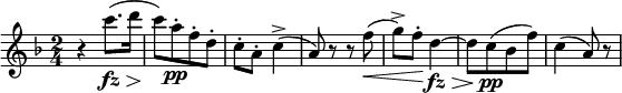 
\relative c' {
\key f \major
\time 2/4
\tempo ""
\tempo 4 = 152
\set Staff.midiInstrument = "violin"
r4 c''8.\fz\> ( d16\!
c8 ) [ a-.\pp f-. d-. ]
c-. a-. c4->
( a8 ) r r f'\<
( g-> ) f-.\! d4~\fz\>
d8 [ c\pp\! ( bes f' ) ]
c4 ( a8 ) r
}
