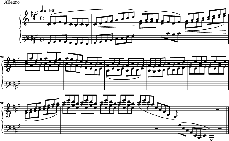 
\version "2.18.2"
\header {
 tagline = ##f
}
upper = \relative c' {
 \clef treble 
 \key a \major
 \time 4/4
 \tempo 4 = 160
 \set Score.currentBarNumber = #21
 \override TupletBracket.bracket-visibility = ##f

 %%Montgeroult — Étude 1 (pdf p. 16)

 cis8^( d e d cis b cis b | cis\< d e fis gis a b cis\!)
 << { fis,8( gis a gis fis e d e) } \\ { d8 e fis e } >>
 << { fis8 gis a b cis d e fis | e8 a fis gis a e fis gis } \\ { d,(\< e fis gis a b cis d)\! \repeat unfold 2 { cis8 a d b } } >>
 % ms 26
 << { a'8 gis fis e d cis b cis | \repeat unfold 2 { a8 cis b gis } | a8 gis a b cis b cis d | \repeat unfold 2 { b8 e cis e } } \\ { cis8 b a gis fis e d e | \repeat unfold 2 { cis e d e } } { s1) s2( s4 s8 s8) | cis8 b cis d e d e fis | \repeat unfold 2 { gis e a gis } } \\ { s1_( s1 s1) s2^( s4 s8 s8) } >>
 << { b cis d e fis gis a b | \repeat unfold 4 { cis e d b } cis e cis a e cis a e } \\ { gis( a b cis d e fis gis) | \repeat unfold 4 { a e gis e } a4( e4\rest s2 \stemUp cis,8) } >>
 s4. s2 R1
 

}

lower = \relative c {
 \clef bass
 \key a \major
 \time 4/4

 a8 b cis b a gis a gis | a b cis d e fis gis a | s2 \change Staff = "upper" d8 \change Staff = "lower" cis b cis 
 s2*19 r2 s8 a8( e cis a e cis e a,2) r2 \bar "|."
}

 \header {
 piece = "Allegro"
 }

\score {
 \new PianoStaff <<
 \new Staff = "upper" \upper
 \new Staff = "lower" \lower
 >>
 \layout {
 \context {
 \Score
 
 }
 }
 \midi { }
}
