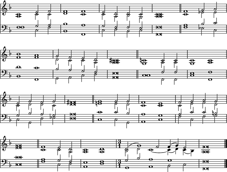 
<< <<
\new Staff { \clef treble \time 4/2 \key f \major \set Staff.midiInstrument = "church organ" \omit Staff.TimeSignature \set Score.tempoHideNote = ##t \override Score.BarNumber  #'transparent = ##t \override Staff.NoteHead.style = #'altdefault
  \relative c'
  << { c1 e2 f | f1 f | e2 d d c | c \breve \bar"||" f1 g2 a | \break
       bes1 a | g2 f e d | cis \breve \bar"||" c!1 c2 c | c1 c | \break
       e2 g f g | fis \breve \bar"||" g1 g2 g | f1 e | f2 g a g | \break
       g \breve \bar"||" f1 e2 d | c1 d | 
       \undo \omit Staff.TimeSignature \time 3/1 d2( g1) f2 f4( g) e2 | f \breve \bar"|." } \\
  { a,1 c2 c | d1 c | c2 a bes g | a \breve | c1 es2 es |
    f1 f | d2 c c a | a \breve | g1 a2 a | g1 a |
    c2 d d c | d \breve | e!1 e2 d | c1 c | c2 e f d |
    e \breve | c1 c2 a | a1 a | bes2 d c1 ~ c4( d) c( bes) | a \breve } >>
}
\new Staff { \clef bass \key f \major \set Staff.midiInstrument = "church organ" \omit Staff.TimeSignature \override Staff.NoteHead.style = #'altdefault
  \relative c
  << { f1 g2 a | bes1 a | g2 f f e | f \breve \bar"||" a1 bes2 c | \break
       d1 c | bes2 a g f | e \breve \bar"||" c1 f2 f | e1 f | \break
       g2 bes a g | a \breve \bar"||" c1 c2 bes | a1 g | a2 c c b | \break
       c \breve \bar"||" a1 g2 f | e1 f | 
       \undo \omit Staff.TimeSignature g2 bes a1 g | f \breve } \\
  { f1 c2 f | bes,1 f | c'2 d bes c | f, \breve | f'1 es2 c |
    bes1 f | g2 a c d | a \breve | c1 f,2 f | c'1 f, |
    c'2 g d' es | d \breve | c1 c2 g | a1 c | f2 c f g |
    c, \breve | f1 c2 d | a1 d | g, a bes2 c | f, \breve } >>
}
>> >>
\layout { indent = #0 }
\midi { \tempo 2 = 66 }
