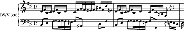 
\version "2.18.2"
\header {
  tagline = ##f
}

upper = \relative c' {
  \clef treble 
  \key b \minor
  \time 4/4
  \tempo 4 = 66 % les tempos sont ceux de Keller (en général)
  \set Staff.midiInstrument = #"harpsichord" 

   %% PRÉLUDE CBT II-24, BWV 893, si mineur
   d16 fis b, cis d fis b, d cis fis g32 fis eis fis ais16 fis cis' e, 
   d16 fis b, cis d fis b, d cis fis cis ais fis r16 r8 s16
   
}

lower = \relative c {
  \clef bass 
  \key b \minor
  \time 4/4
  \set Staff.midiInstrument = #"harpsichord" 
    
   b8 d fis8~ fis32 g fis eis fis8 ais, cis[ fis]
   b,8 d fis8~ fis32 g fis eis fis8 fis, r16 e'16 d cis d
    
} 

\score {
  \new PianoStaff <<
    \set PianoStaff.instrumentName = #"BWV 893"
    \new Staff = "upper" \upper
    \new Staff = "lower" \lower
  >>
  \layout {
    \context {
      \Score
      \remove "Metronome_mark_engraver"
      \override SpacingSpanner.common-shortest-duration = #(ly:make-moment 1/2) 
    }
  }
  \midi { }
}
